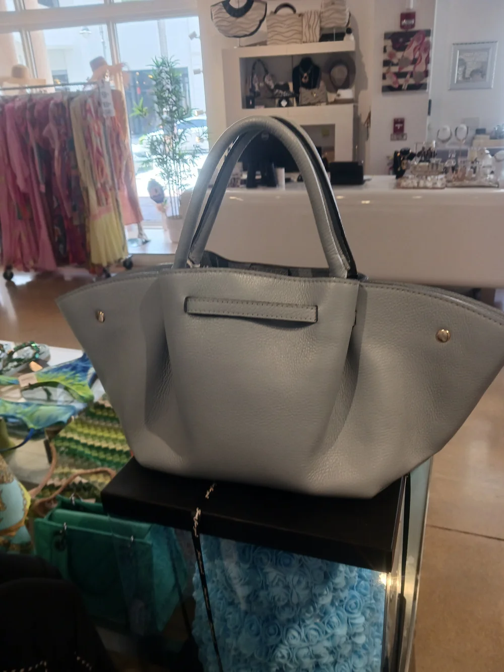 Light Blue Leather Hobo Tote with Gold Accent